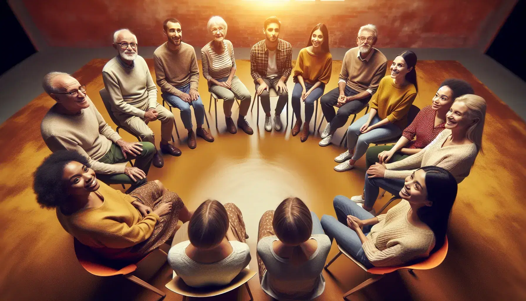 Gruppo multietnico e intergenerazionale seduto in cerchio su sedie in ambiente intimo con luci soffuse, esprimendo diverse emozioni.