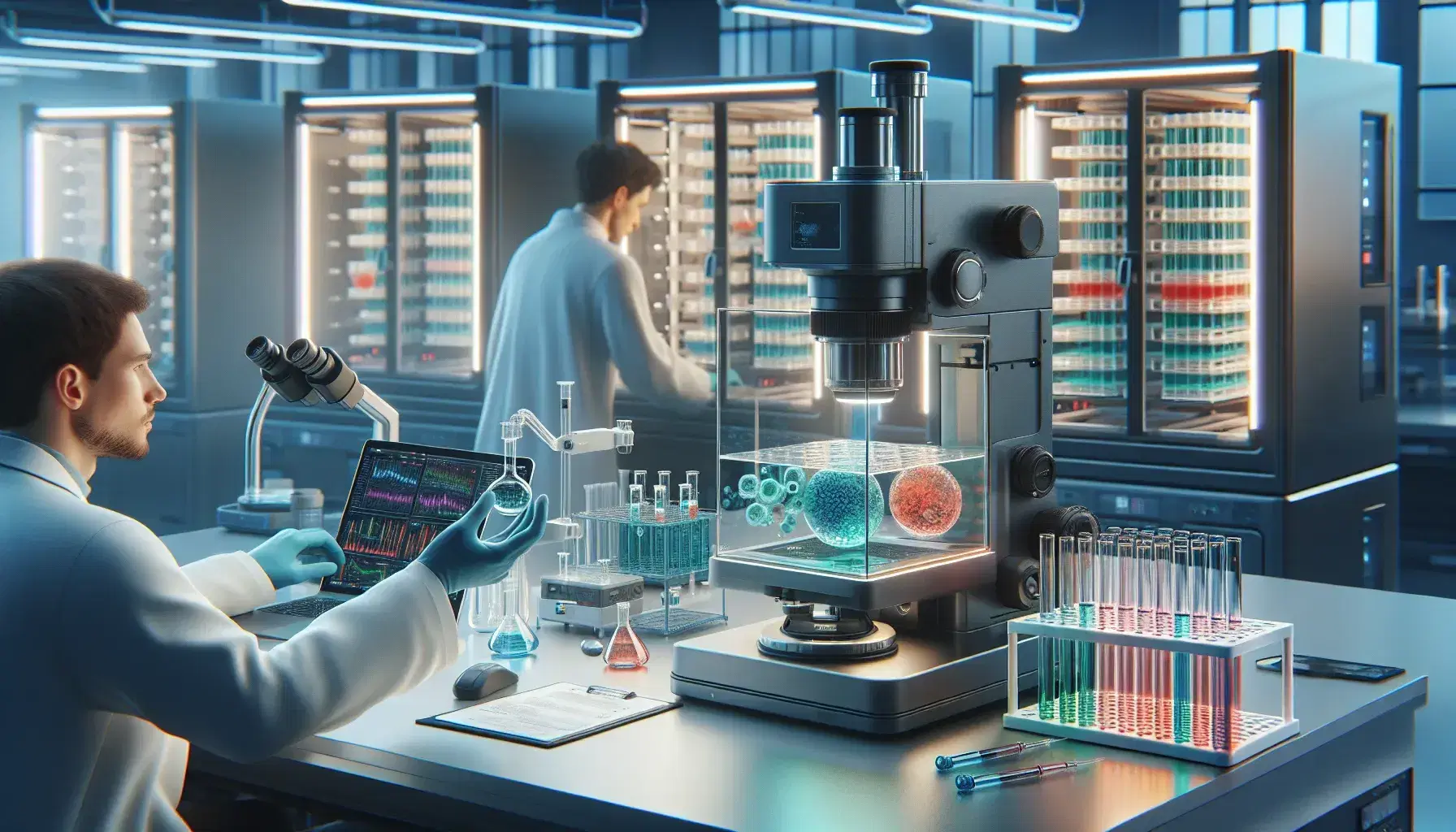 Laboratorio di ricerca biologica con microscopio elettronico, provette colorate, incubatrici per colture cellulari e ricercatori al lavoro.