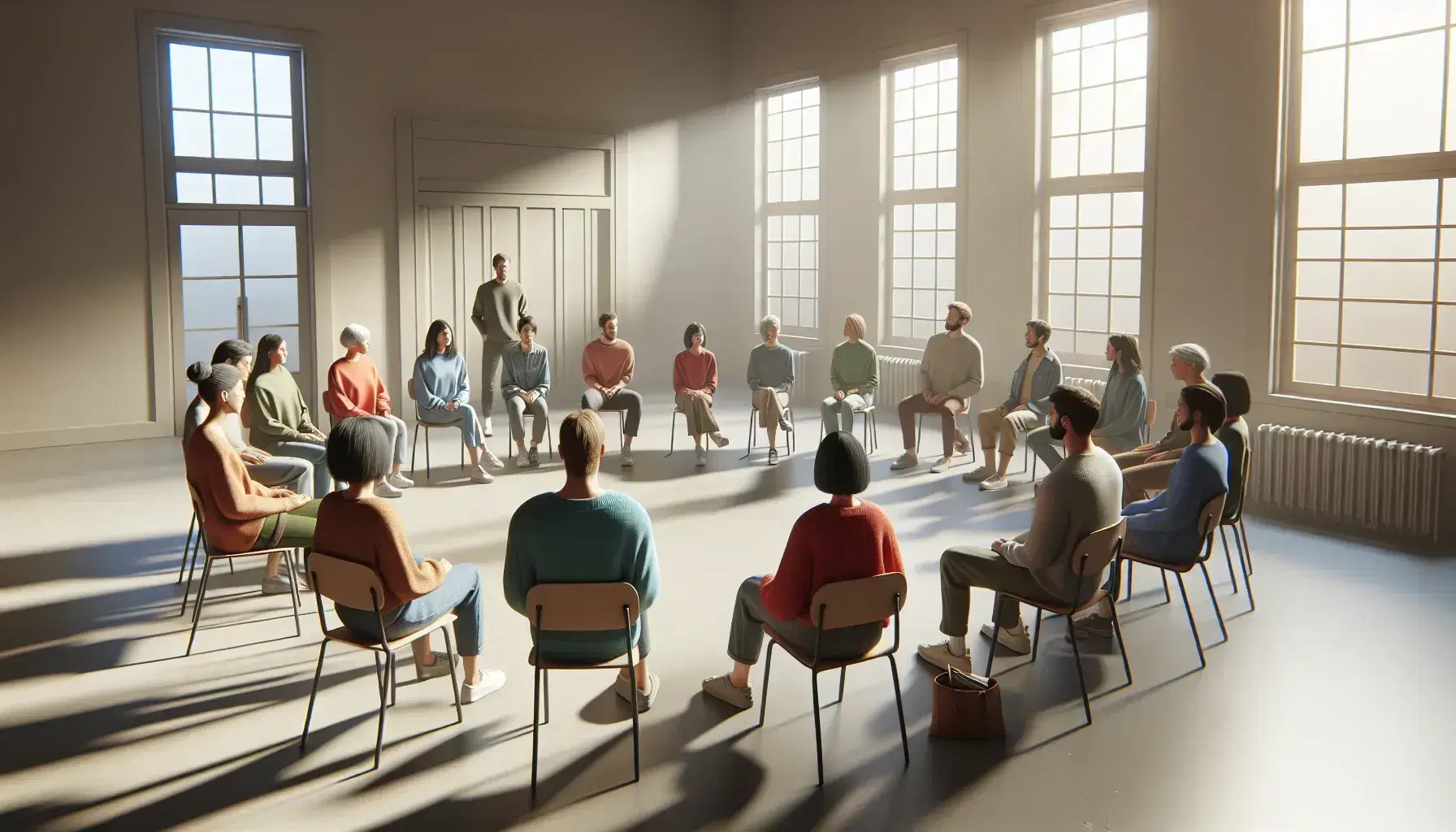 Grupo diverso en círculo atiende a facilitador de pie en ambiente informal y acogedor, con luz suave y decoración minimalista.