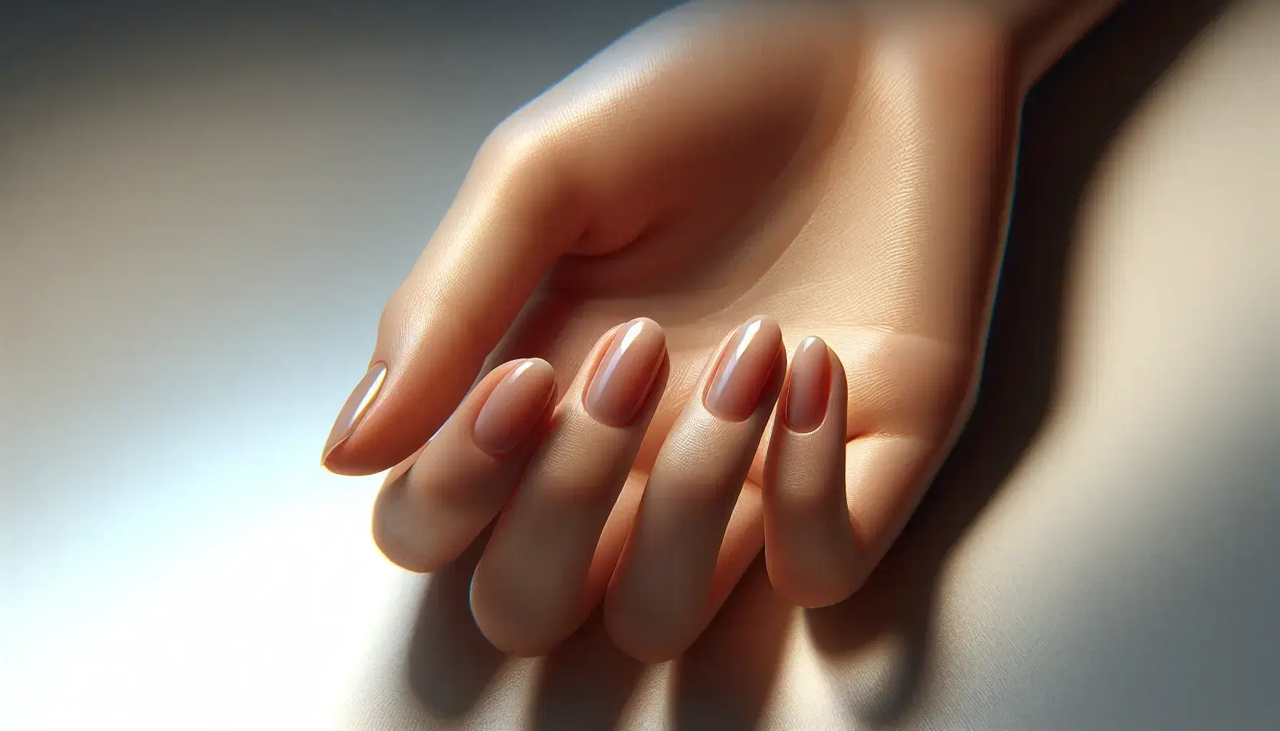 Mano extendida con palma hacia abajo mostrando uñas naturales y cuidadas, piel hidratada sin irritaciones sobre fondo liso y uniforme.