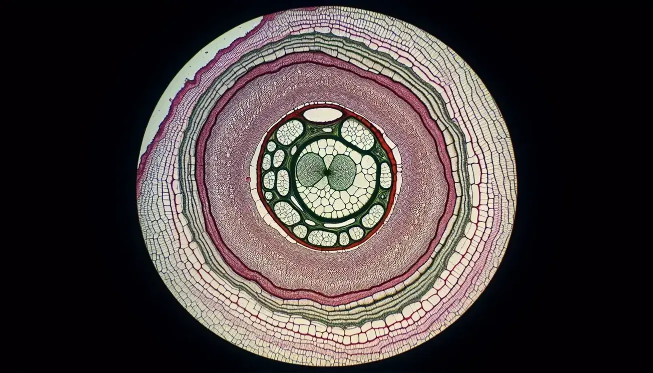 Vista microscópica transversal de un tallo de planta mostrando tejido vascular central, cambium, parénquima clorofílico y epidermis en tonos marrones y verdes.