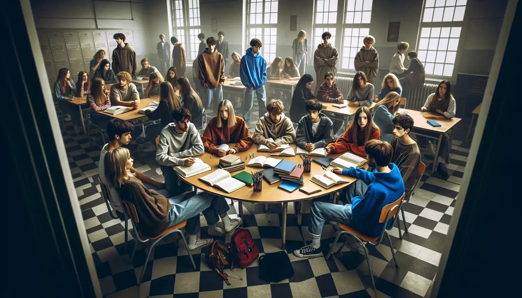 Students of different ethnicities collaborate around a table with notebooks in a bright classroom, while others chat relaxed in the background.