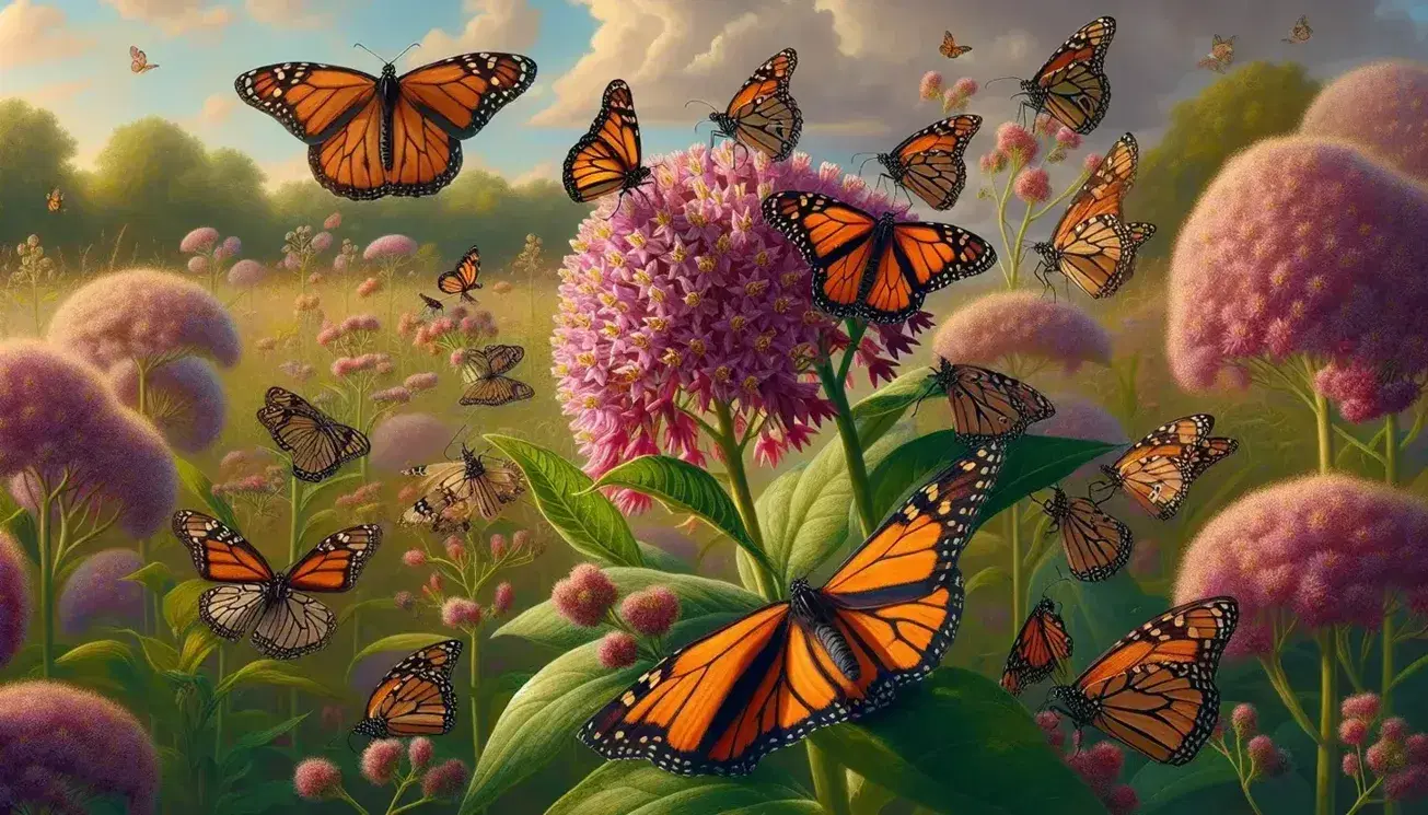Monarch butterflies on pink milkweed and Viceroy butterflies near white flowers in a sunny meadow, showcasing species-specific plant interactions.