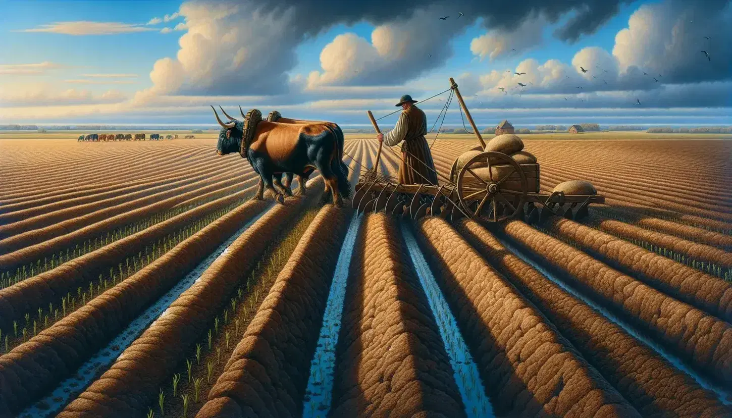 Campo arado con surcos paralelos bajo un cielo azul, un campesino medieval ara con bueyes y al lado, un carro de madera cargado.