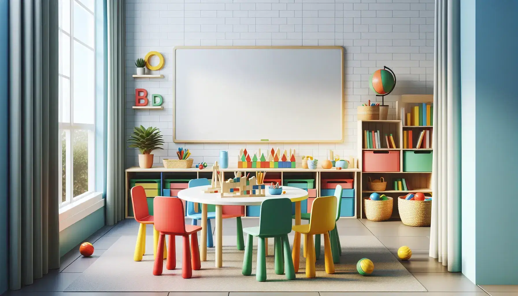 Aula escolar colorida con mesa redonda y sillas plásticas roja, azul, verde y amarilla, bloques de construcción y pelotas de goma, pizarra blanca y estantería con libros.