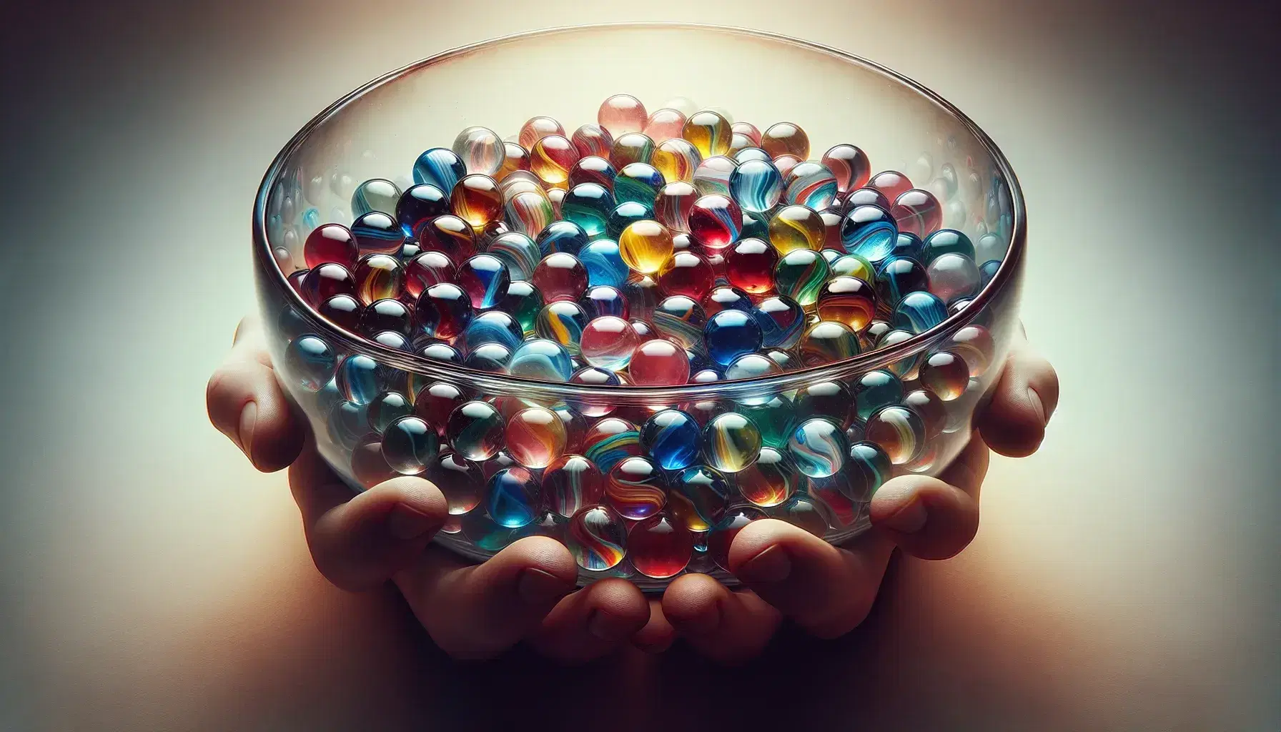 Close up of hands holding a glass bowl with colorful marbles in shades of red, blue, green, yellow and purple on blurred background.