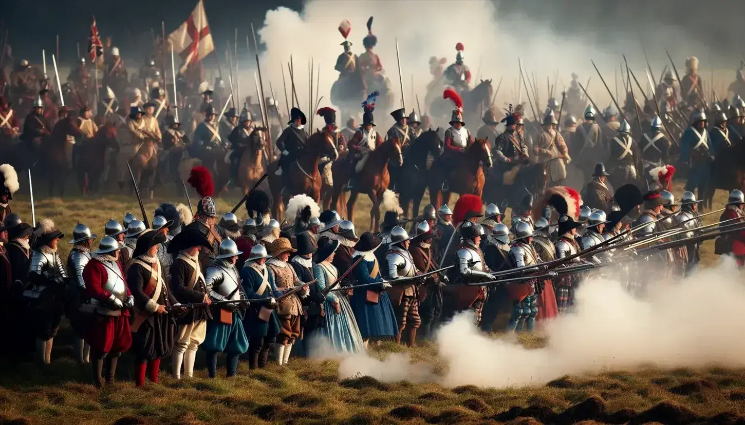 Rievocazione storica della Battaglia di Naseby con partecipanti in costume da Roundheads e Cavaliers, fumo di moschetti e cavalieri in armatura su campo verde.