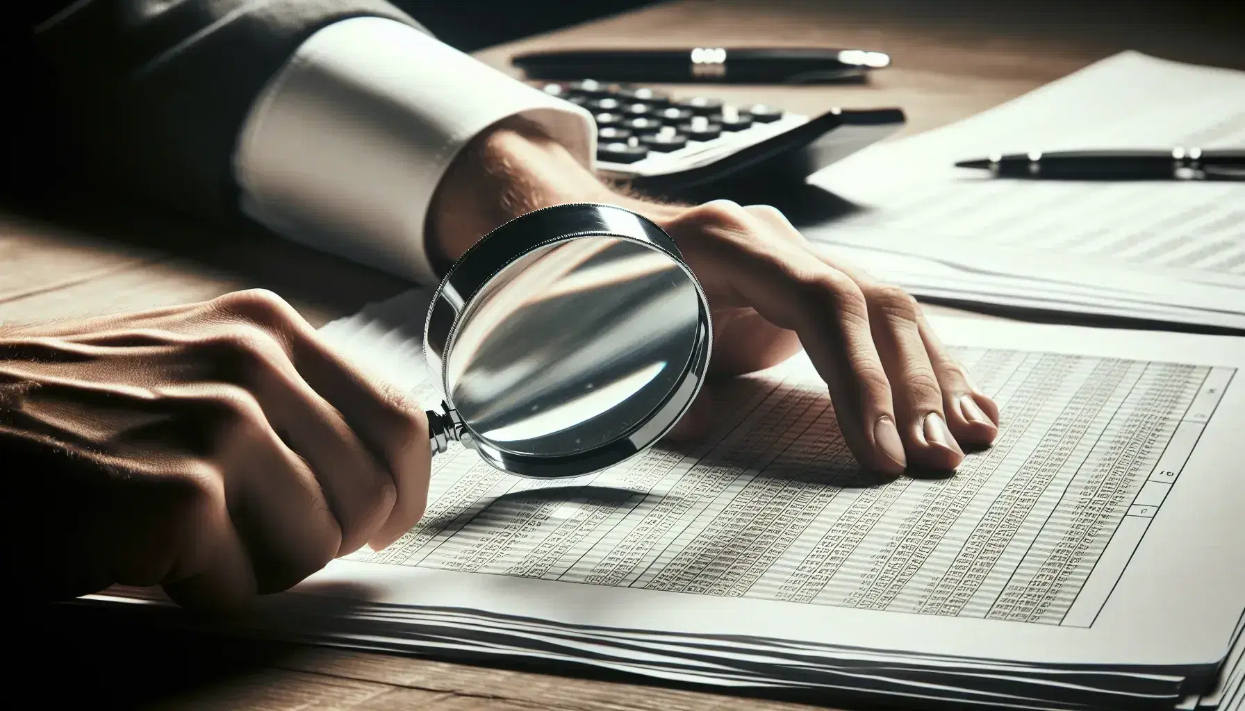 Close-up view of hands holding a magnifying glass over financial documents on a polished mahogany desk, with calculator and eyeglasses in the background.