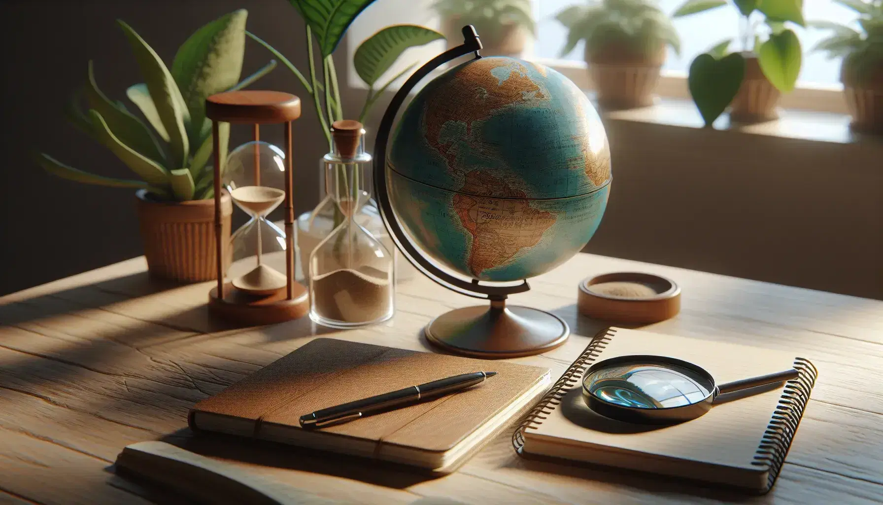 Mesa de madera clara con globo terráqueo cubierto por lupa, cuaderno abierto con bolígrafo, reloj de arena y planta verde al fondo, en ambiente iluminado naturalmente.
