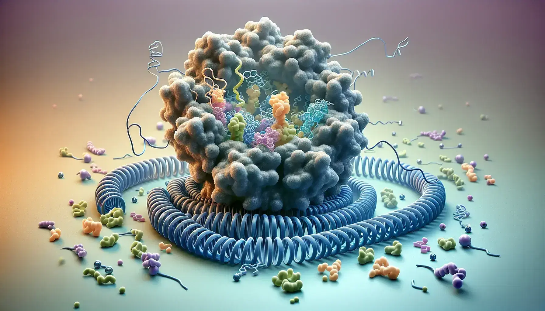 Close-up view of a ribosome on mRNA with colorful tRNAs and amino acids, set against a soft-focus cytoplasm background, illustrating protein synthesis.