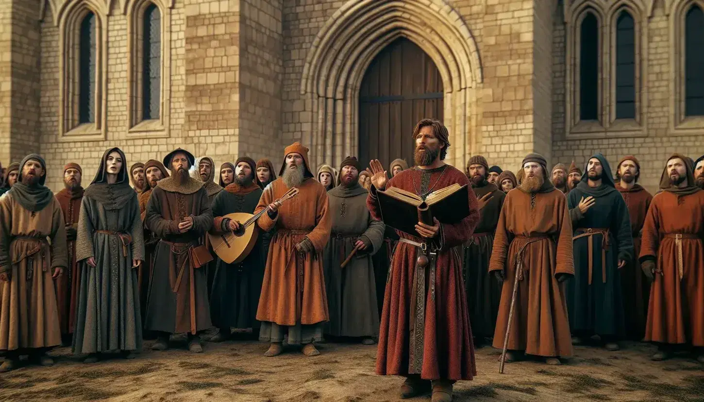 Grupo de personas en atuendos medievales participando en un acto musical liderado por un individuo con túnica roja y sombrero puntiagudo, frente a una construcción de piedra antigua bajo un cielo despejado.