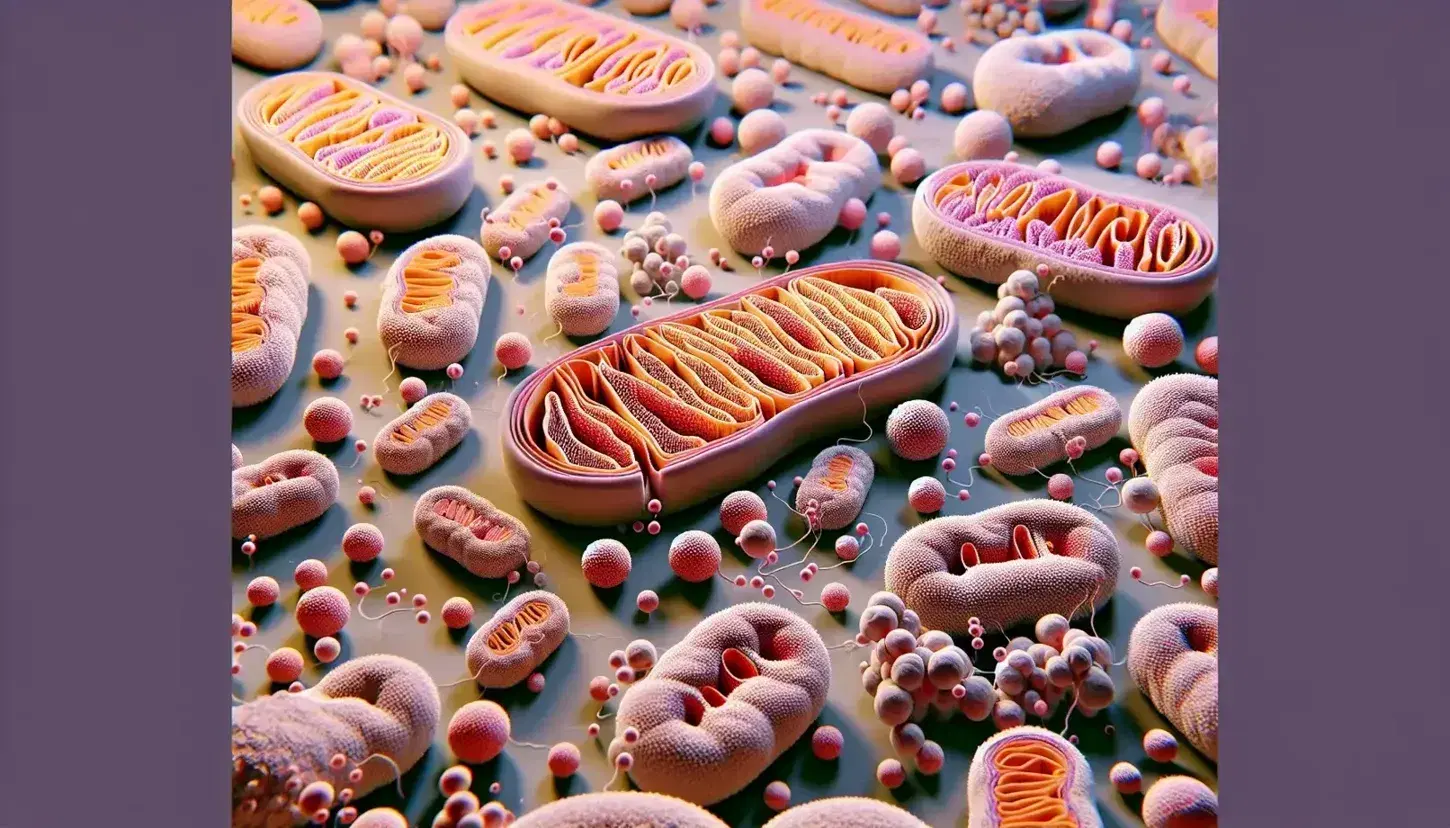 Mitochondri ovali con membrane doppie e cristae interni in una cellula eucariotica, circondati da piccole molecole giallo-arancioni nel citoplasma.