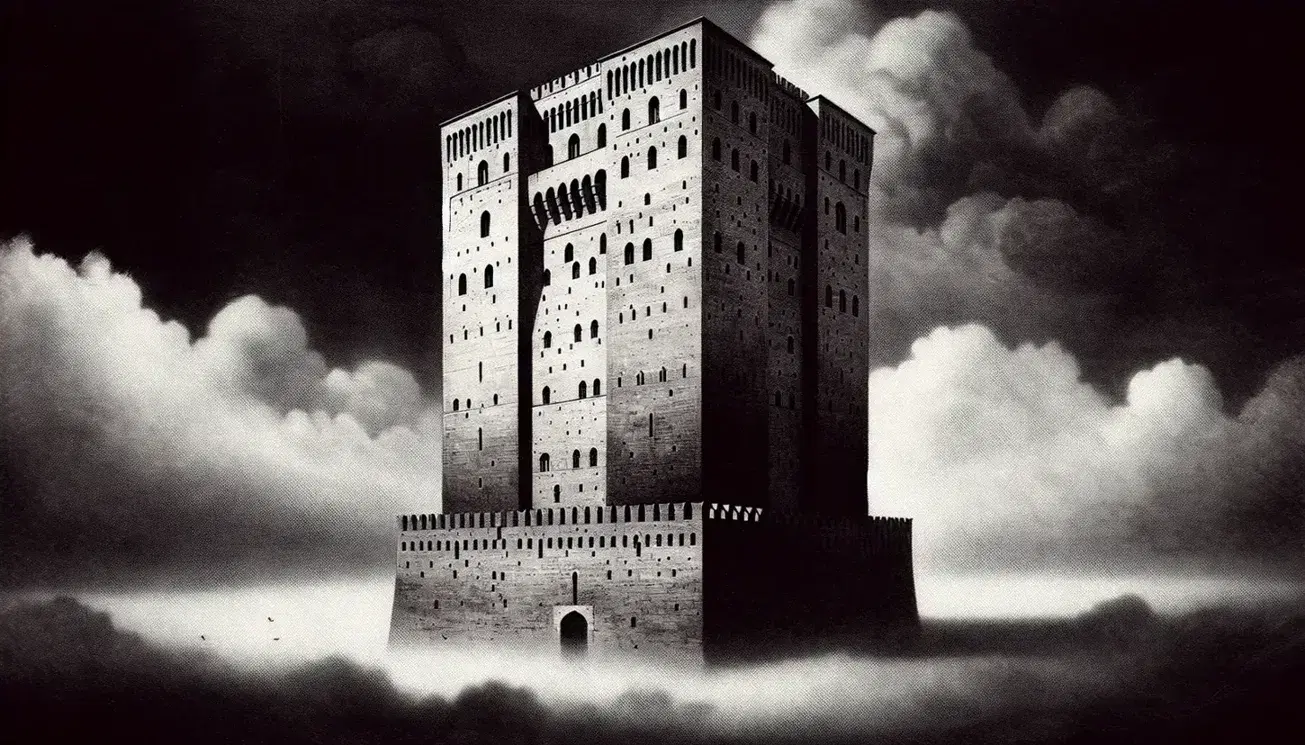 Torre medievale della Muda in bianco e nero, circondata da cielo nuvoloso e nebbia al suolo, senza figure umane o animali.