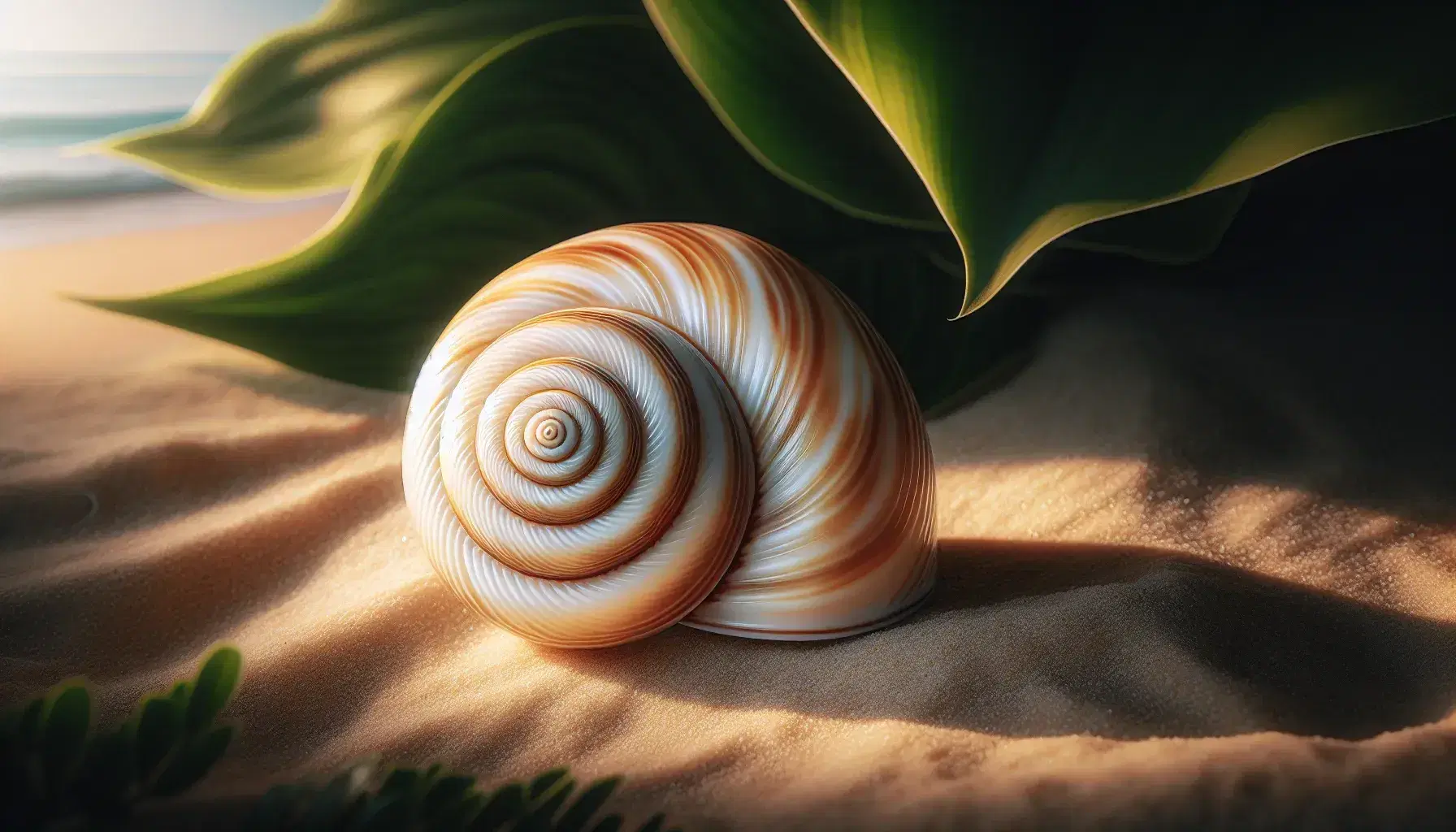 Close-up view of a logarithmic spiral shell with a creamy to caramel gradient on a sandy surface, contrasted by a blurred green plant background.