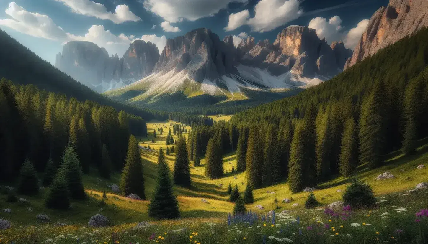 Panorama delle Dolomiti con prati verdi fioriti, foresta di conifere e maestose cime rocciose sotto un cielo azzurro con aquila in volo.