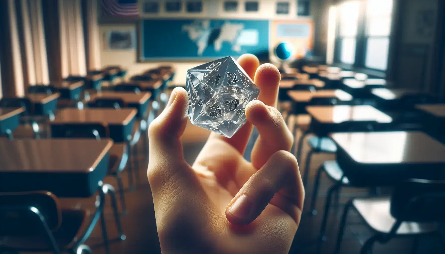 Close-up of a hand holding a multi-sided transparent dice in blurry classroom, with bright reflections and background with desks and globe.