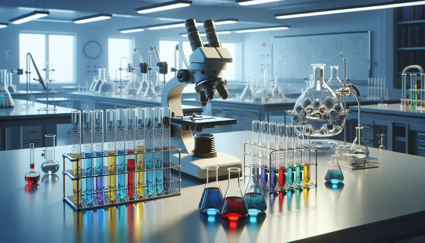Laboratorio científico con tubos de ensayo de colores en soporte metálico, microscopio plateado y estantería con material de laboratorio al fondo.