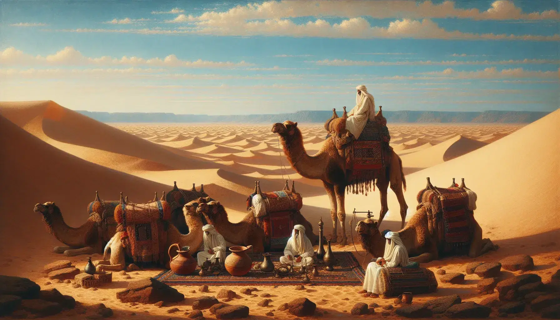 Beduini su cammelli attraversano il deserto sotto un cielo azzurro, tenda e oggetti quotidiani in primo piano, dune e oasi sullo sfondo.