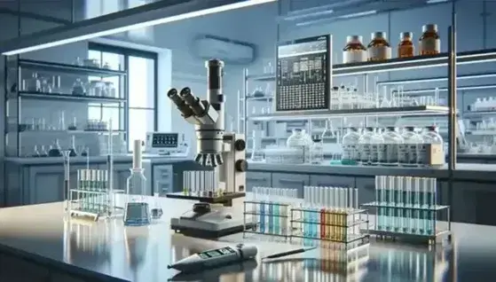 Laboratorio científico moderno con mesa de trabajo, microscopio, tubos de ensayo de colores, pipeta automática y balanza analítica digital.