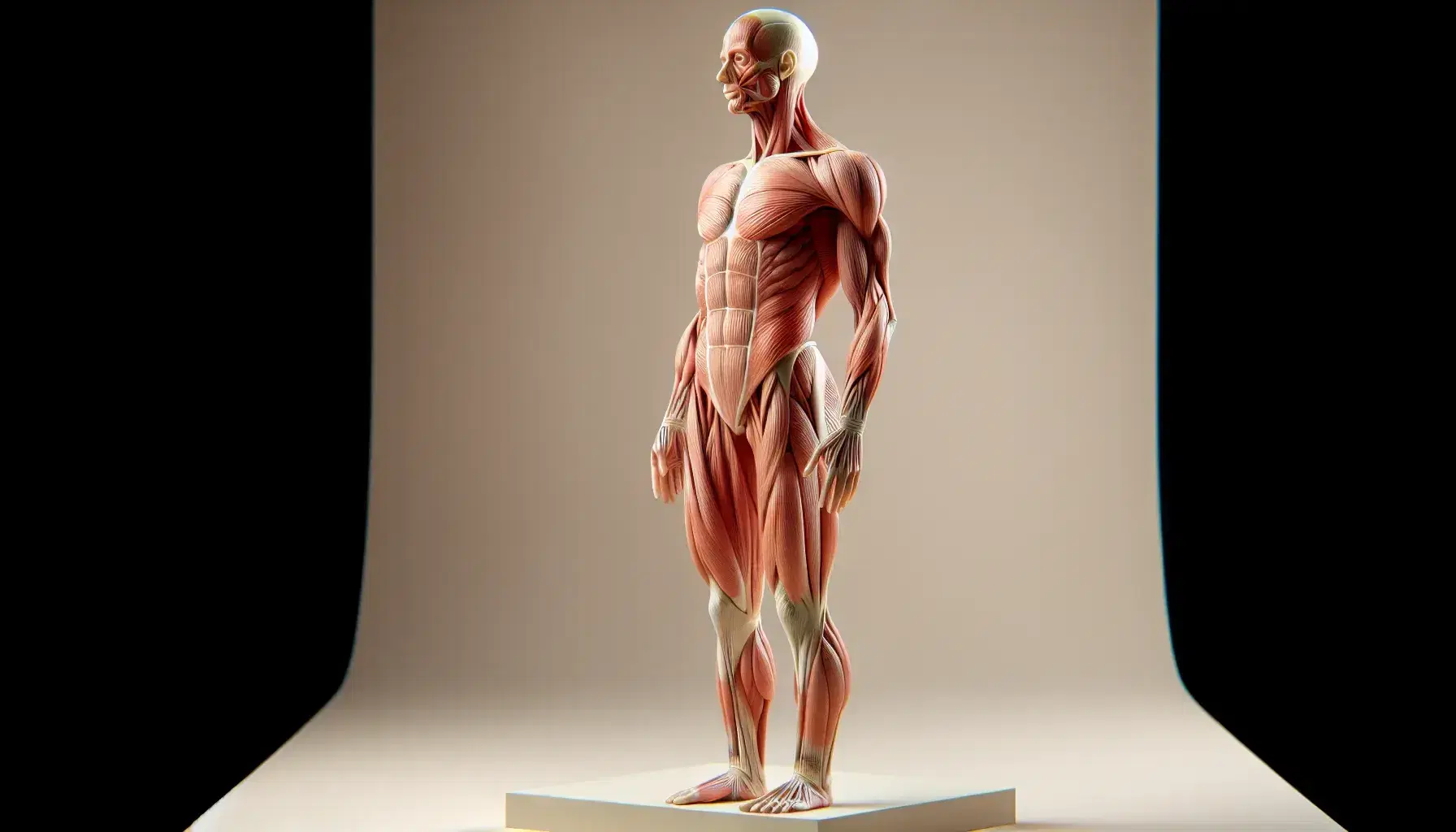 Modello anatomico dettagliato del sistema muscolare umano con muscoli in sfumature di rosso e rosa su sfondo neutro.