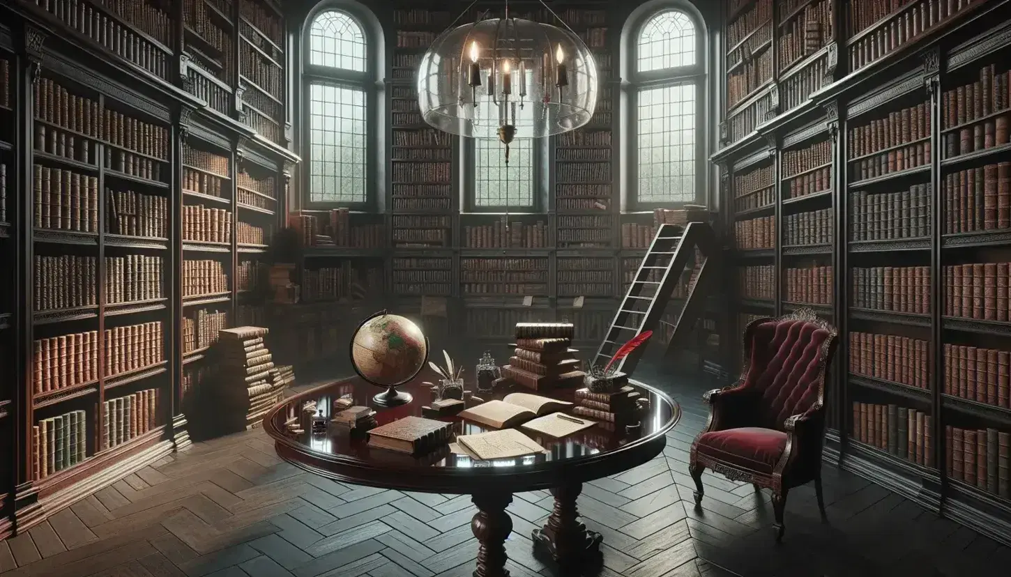 Biblioteca antica con scaffali in legno scuro pieni di libri rilegati, tavolo ovale con libri aperti, poltrona in velluto rosso e globo antico.