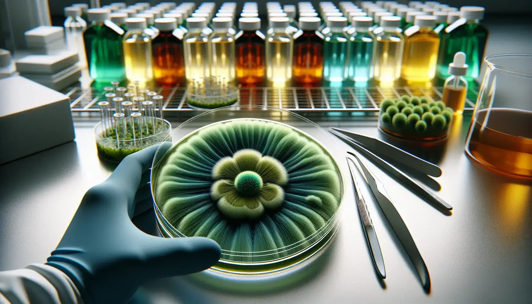 Petri dish with a radial fungal culture in shades of green, laboratory tweezers and scalpel on a matte grey bench, and a gloved hand to the side.