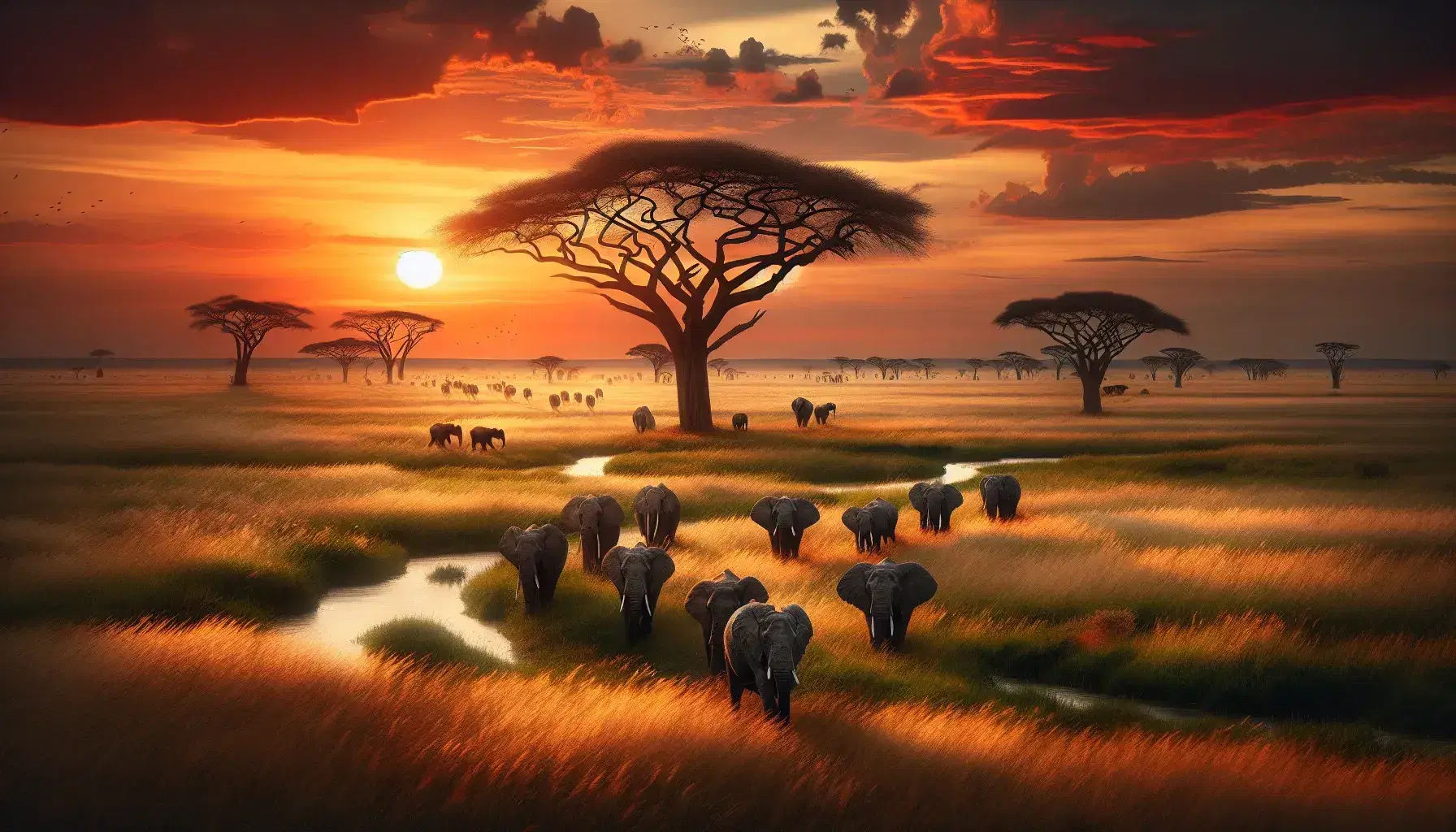 Tramonto sulla savana africana con elefanti in fila, acacie, baobab solitario e riflessi dorati su corso d'acqua.