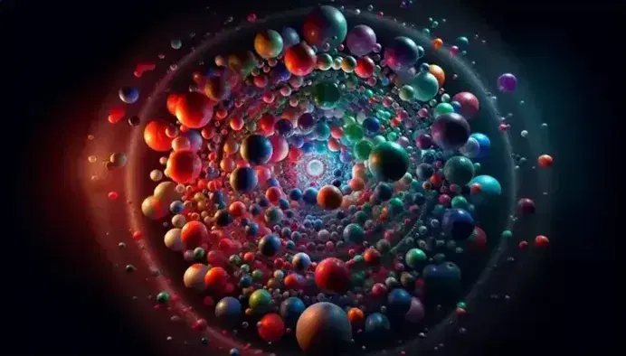 Struttura tridimensionale di sfere colorate che ricorda una molecola, con sfere rosse centrali luminose e sfere orbitanti in tonalità fredde su sfondo nero.