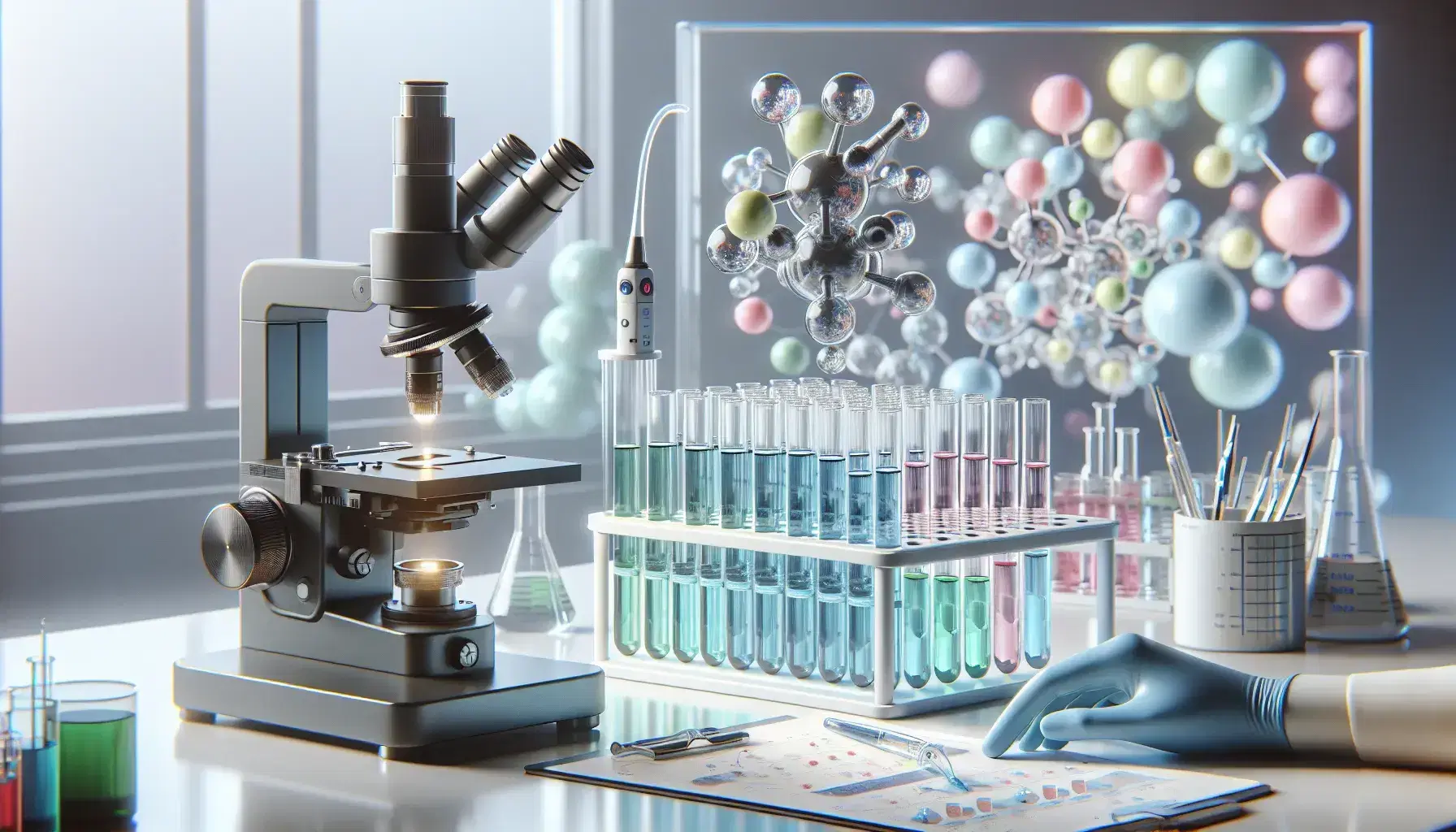 Laboratorio scientifico con microscopio elettronico, provette colorate, pipetta automatica e mano con guanto che tiene provetta rossa.