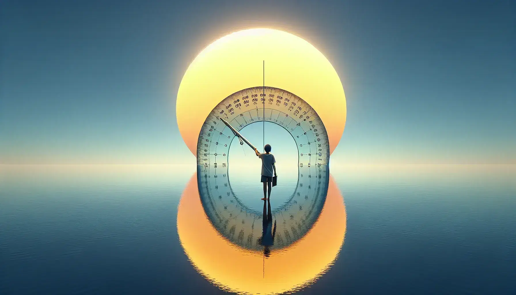 Person measuring the sun's angle of elevation with a blue-tinted protractor against a clear blue sky, with a lake reflecting the sun and sky below.