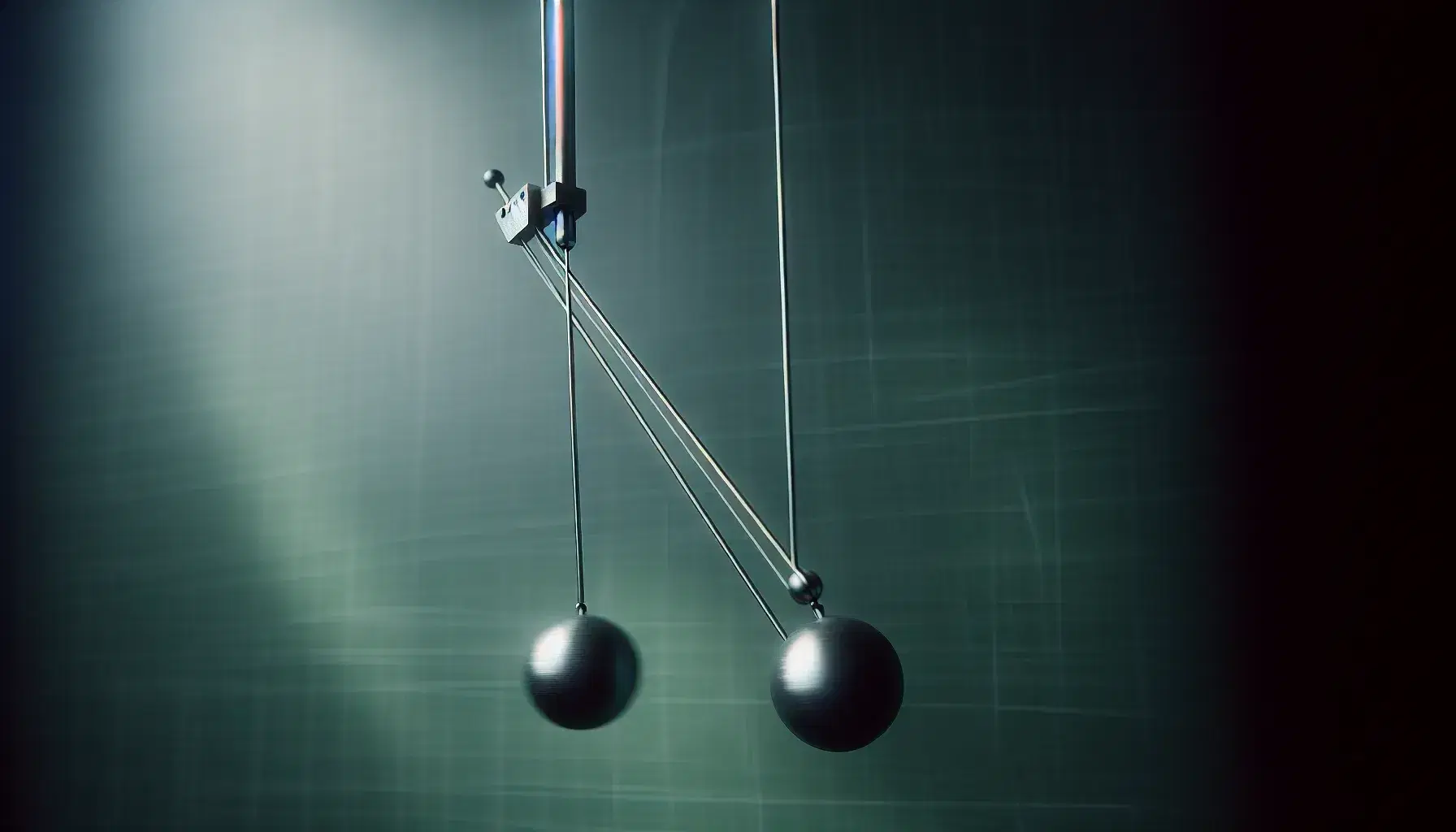 Double pendulum in motion with metallic rods and black spherical bobs against a blurred green chalkboard background, showcasing dynamic physics.