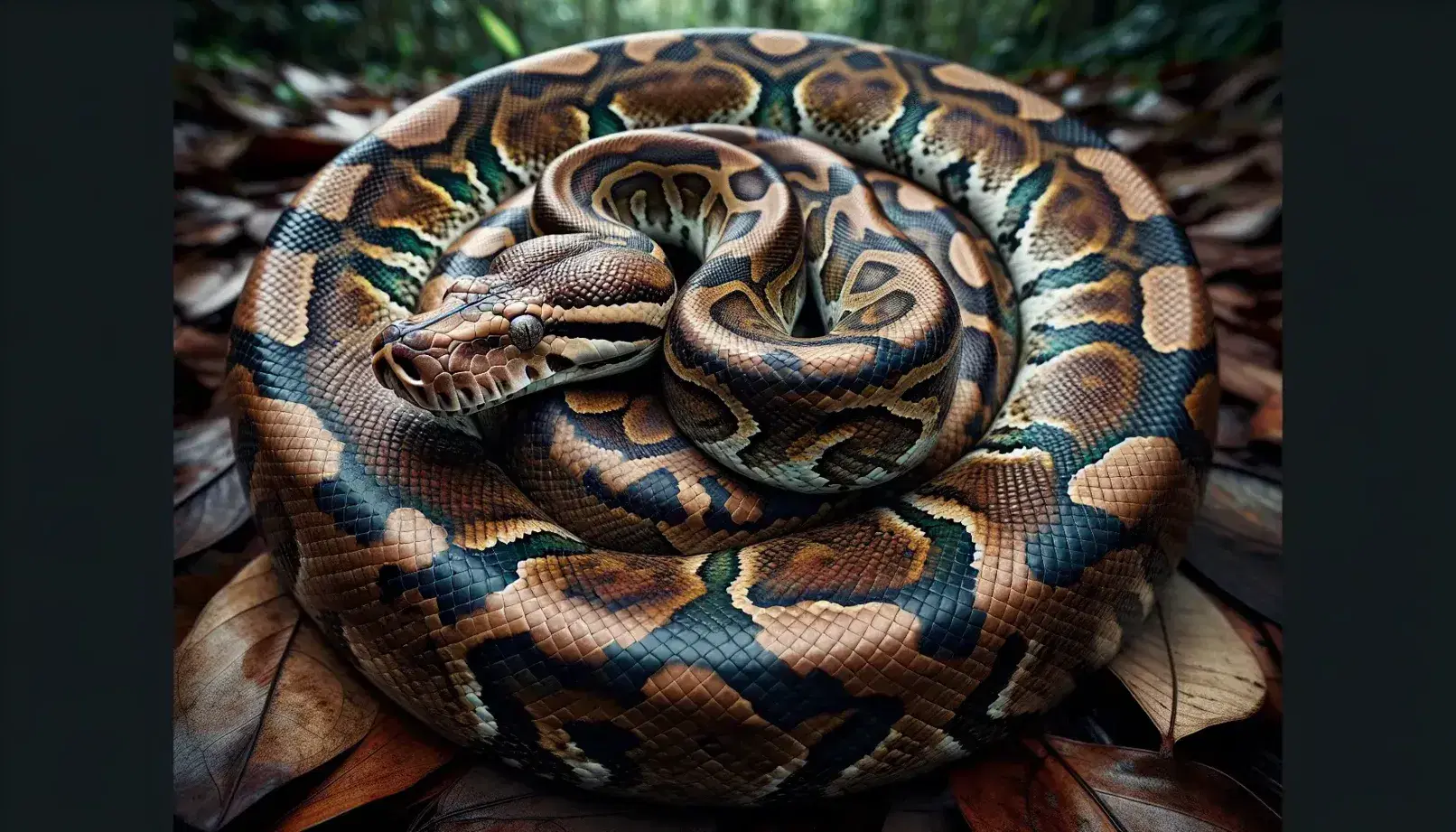 Python wrapped in concentric circles on forest floor, with brown and green scales, head raised and tongue sticking out.