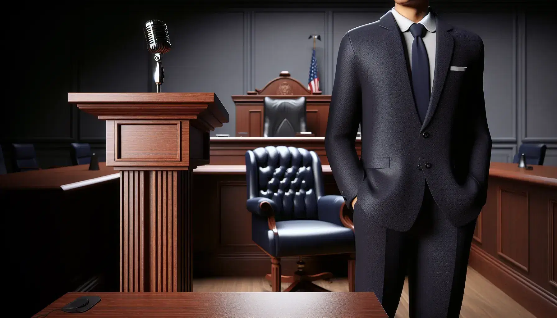 Court with witness at mahogany bench, blue chair, lawyer in gray suit at metal podium and American flag behind judge's bench.