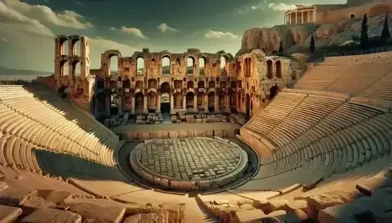 Ancient Theater of Dionysus in Athens with tiered stone seating, orchestra area, and skene backdrop under a clear blue sky, surrounded by olive trees.