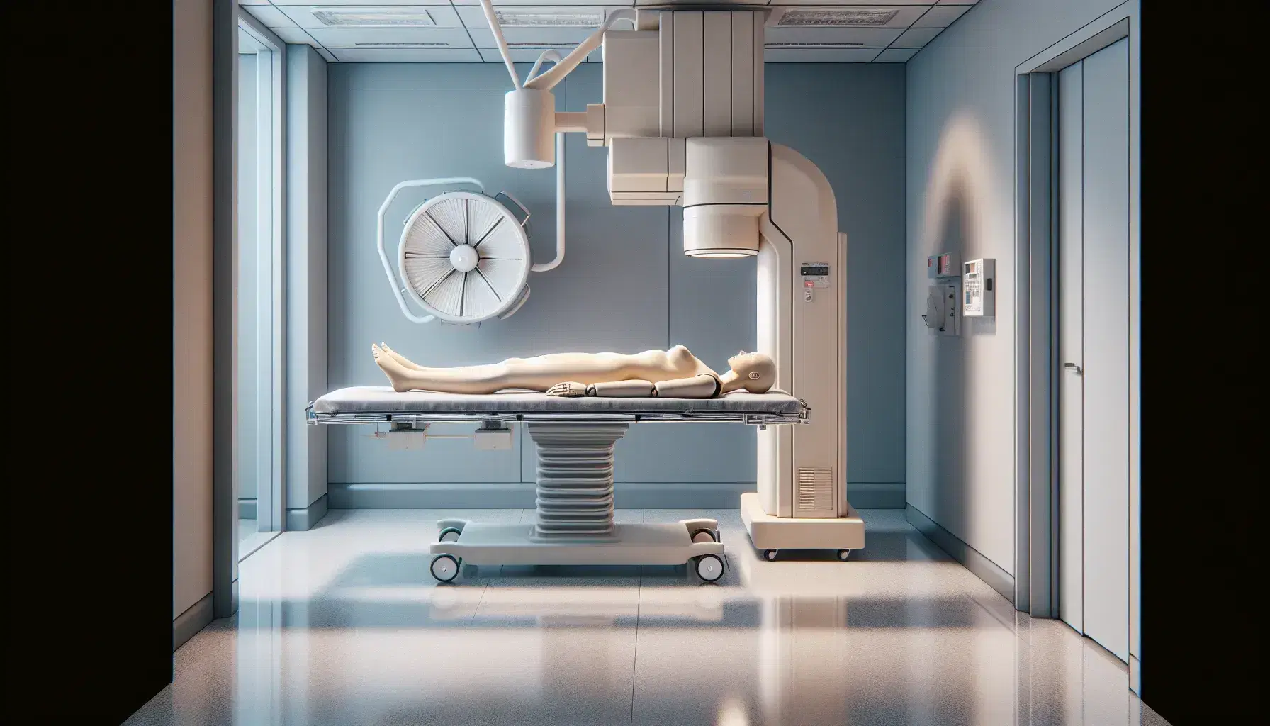 Sala de radiología con camilla hospitalaria y maniquí, equipo de rayos X y mesa auxiliar con instrumentos médicos, ambiente estéril.