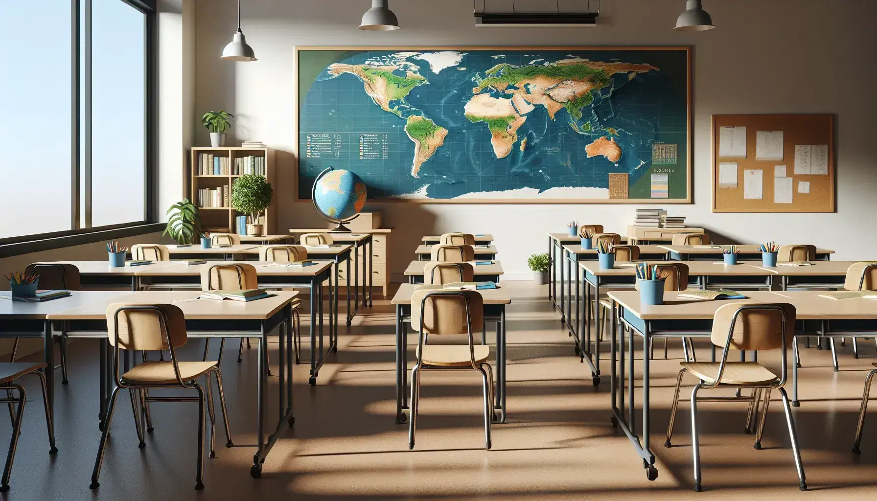 Aula vuota con banchi in legno e sedie blu, mappa geografica colorata alla lavagna, globo e pianta verde nell'angolo, materiali didattici sulle mensole.