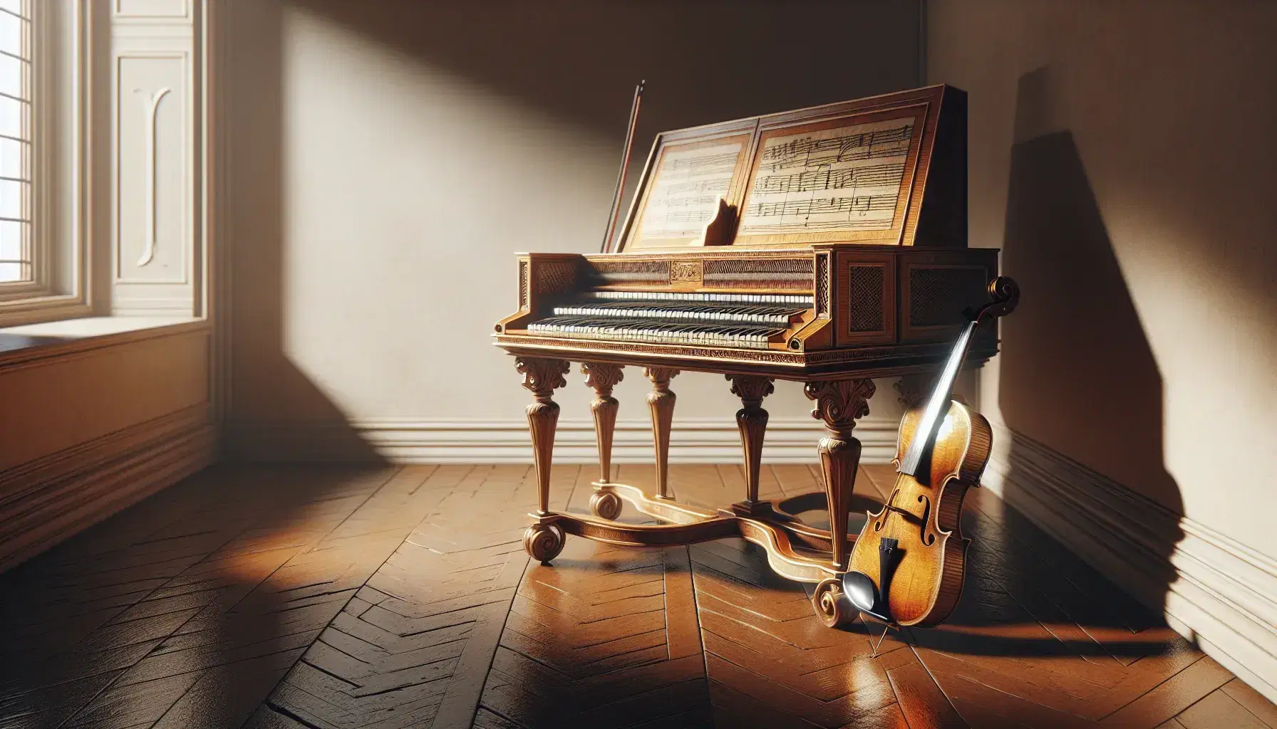 Clavicembalo barocco con gambe intagliate e finitura in legno chiaro, tastiera visibile, violino con archetto e foglio di musica vuoto su pavimento lucido.