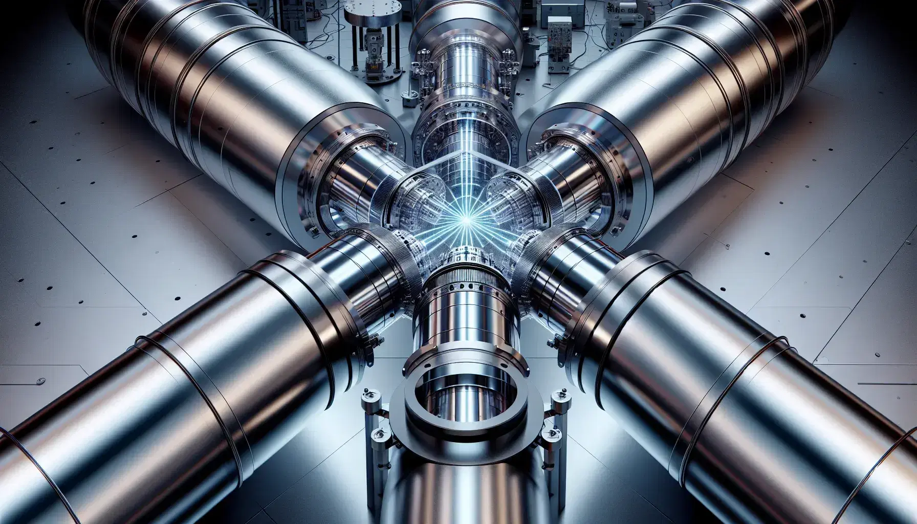 Laser interferometer for detecting gravitational waves with L-shaped metallic vacuum tubes and optical apparatus in a controlled laboratory.