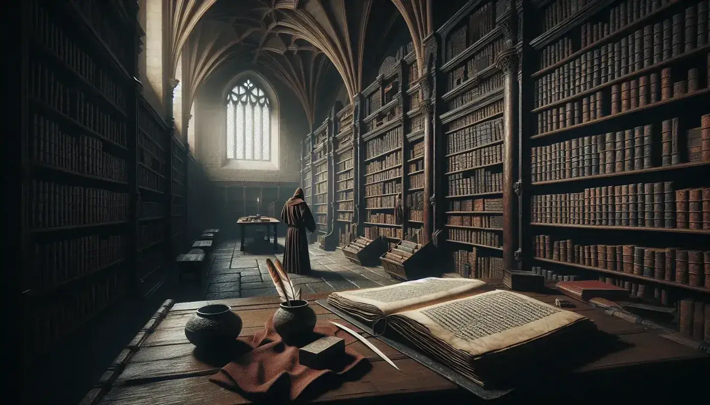 Biblioteca medievale con scaffali in legno scuro, libri rilegati in pelle, tavolo centrale con libro aperto, penna e calamaio, e figura incappucciata.