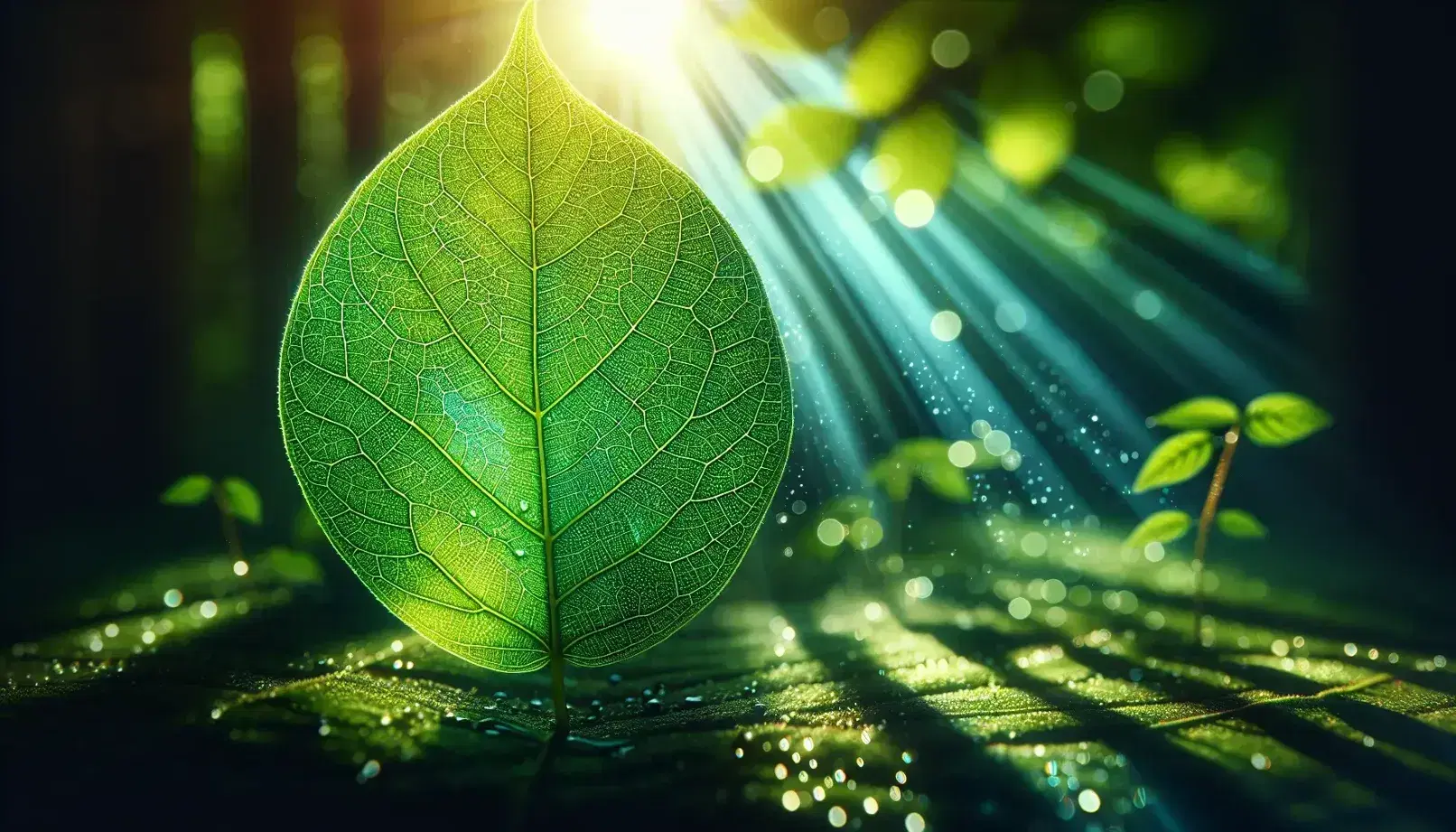 Foglia verde brillante con vene evidenti e gocce di rugiada al sole, sfondo sfocato di cielo azzurro con nuvole e silhouette di piante.