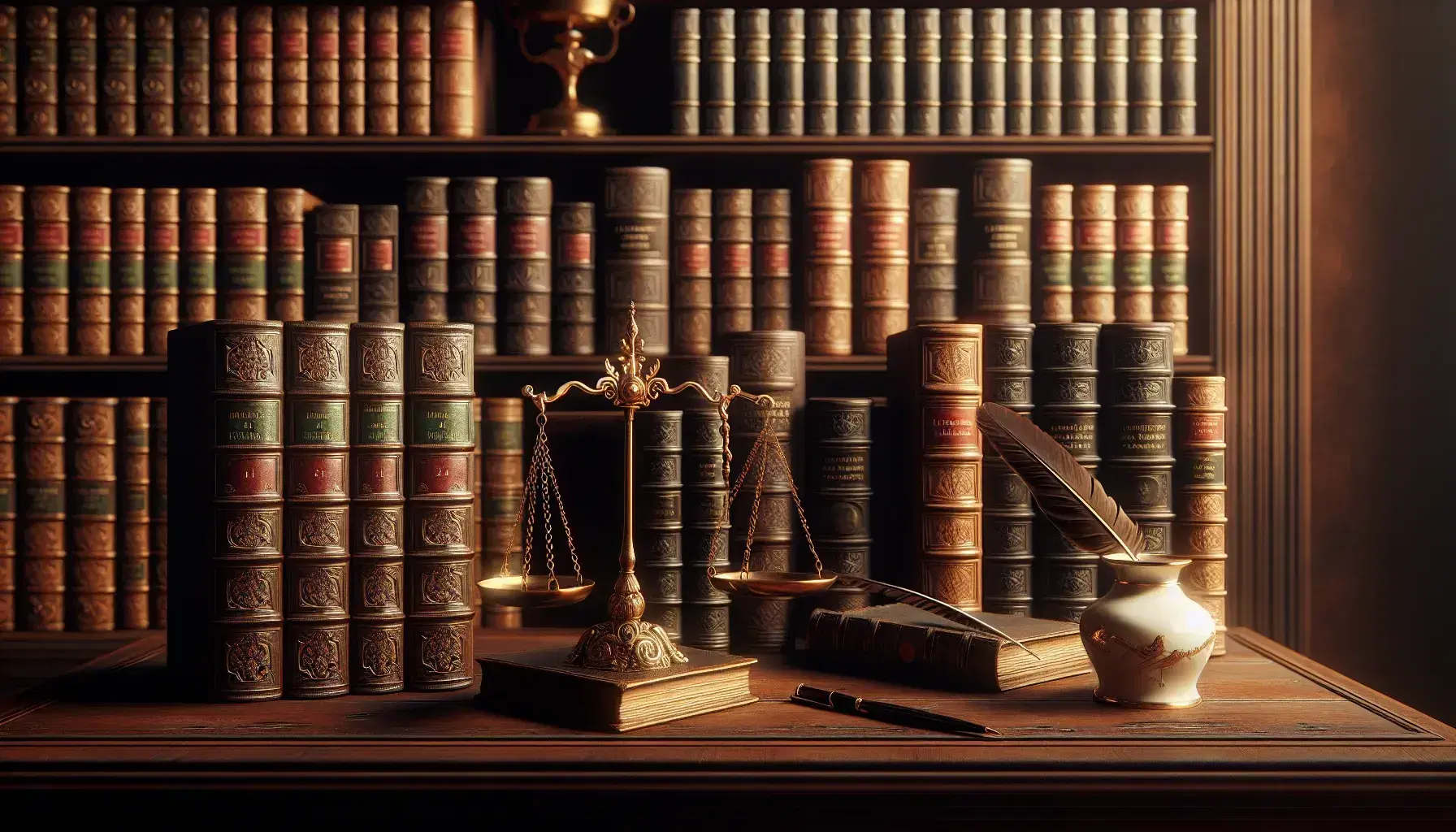 Biblioteca clásica con estanterías de madera oscura llenas de libros encuadernados en cuero, balanza de bronce y tintero de porcelana sobre mesa antigua.