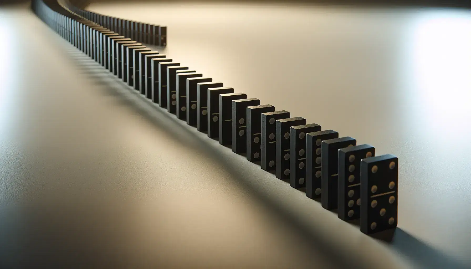 Close-up view of uniformly spaced black dominos standing in a line on a neutral background, with a gradual focus fade into the distance.