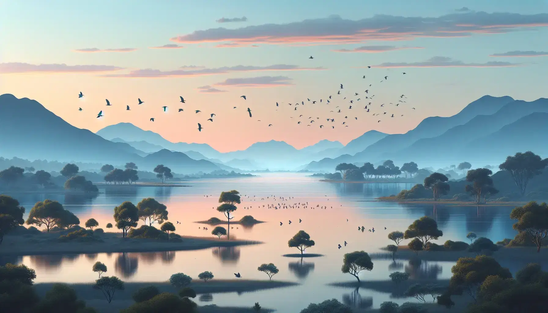 Paisaje natural al amanecer con reflejo de cielo pastel en agua tranquila, silueta de montañas y figura humana contemplativa.