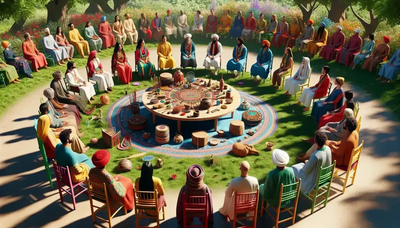 Gruppo multiculturale seduto in cerchio su sedie colorate all'aperto, con abiti tradizionali e oggetti culturali su tavolo rotondo.