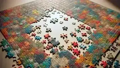Puzzle incompleto con pezzi colorati su superficie chiara, spazio vuoto al centro, alcuni pezzi capovolti senza ombre marcate.