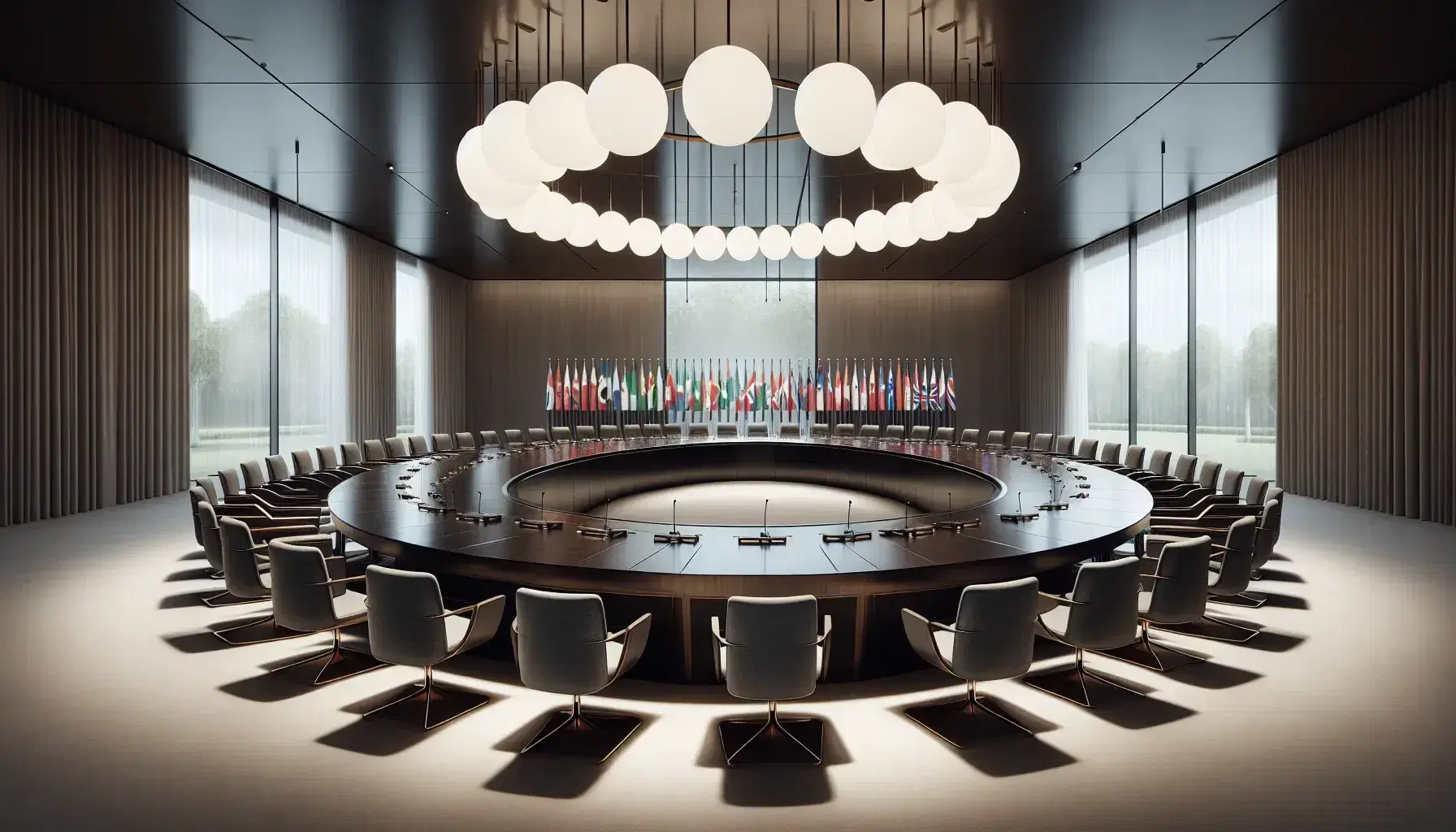 Oval dark wood conference table with gray modern chairs, international flags on metal stands and contemporary chandelier.