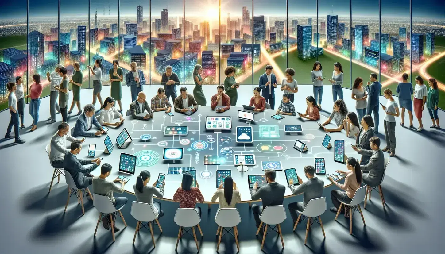 Grupo diverso de personas interactuando con dispositivos electrónicos en una mesa redonda, con una vista urbana moderna a través de una ventana en el fondo.