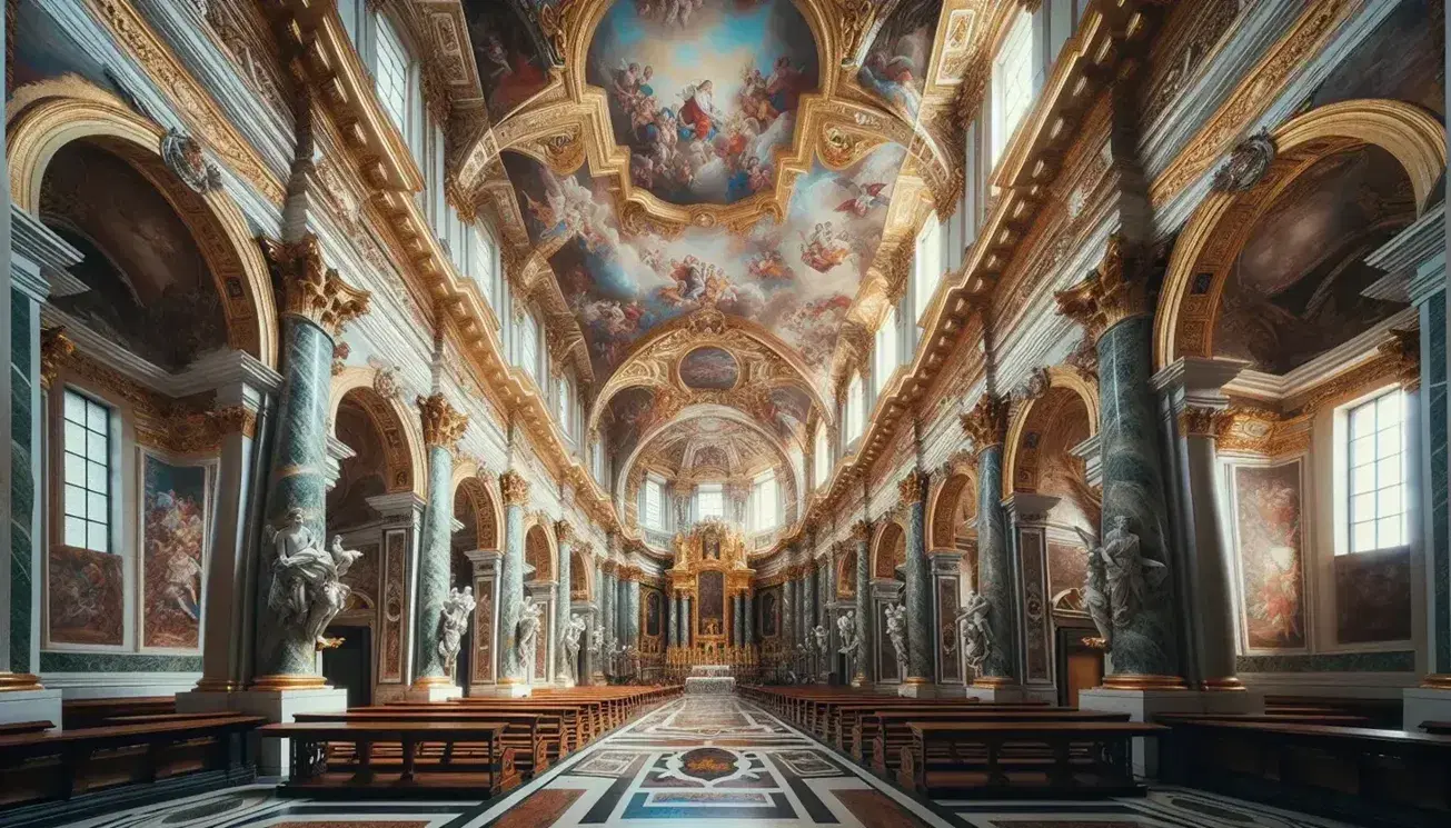 Interno barocco della Chiesa del Gesù a Roma con affreschi, colonne corinzie, statue marmoree e altare decorato.