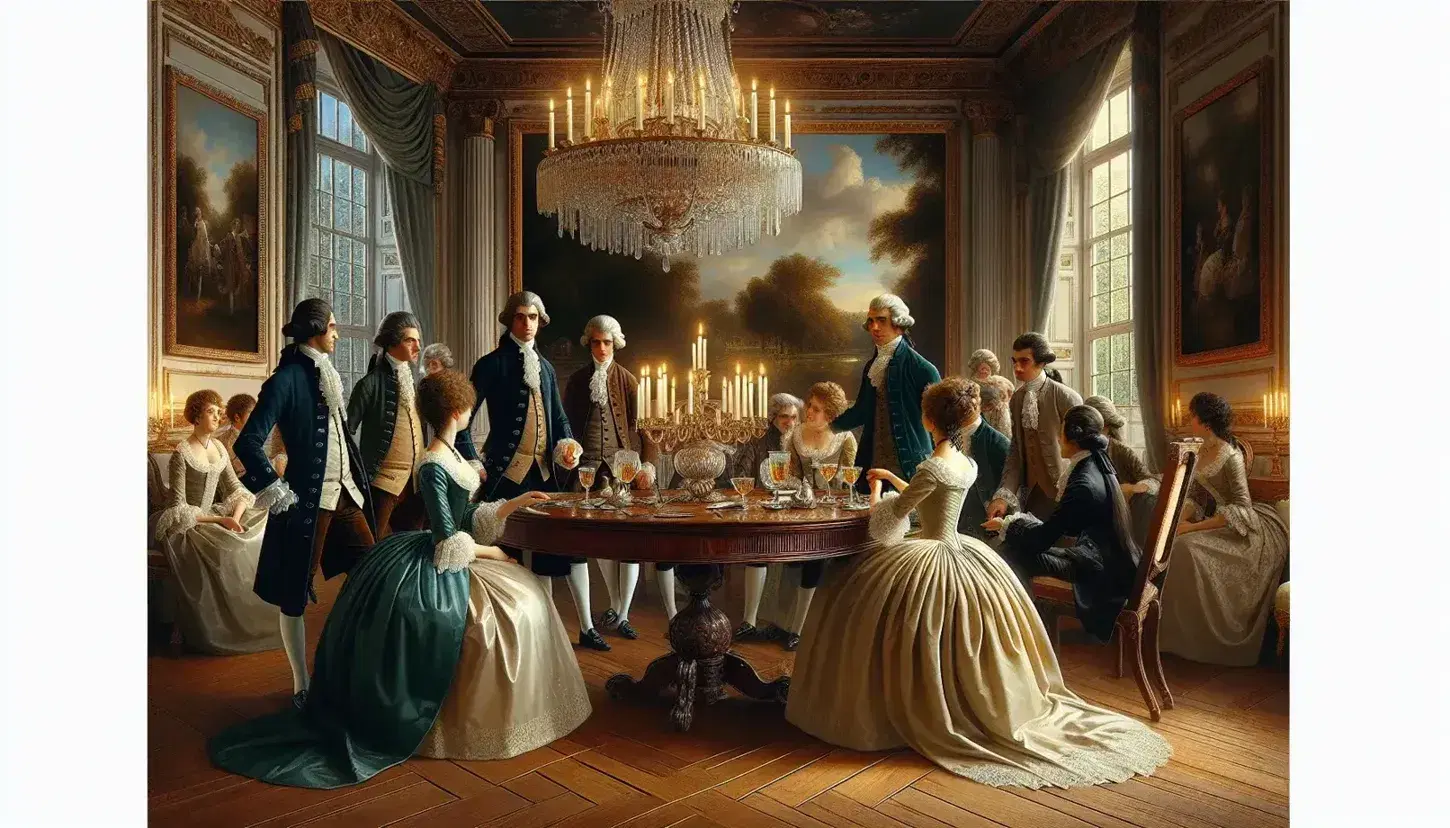 Elegant French Enlightenment salon with individuals in period attire conversing around a mahogany table, beneath a crystal chandelier, surrounded by art and books.