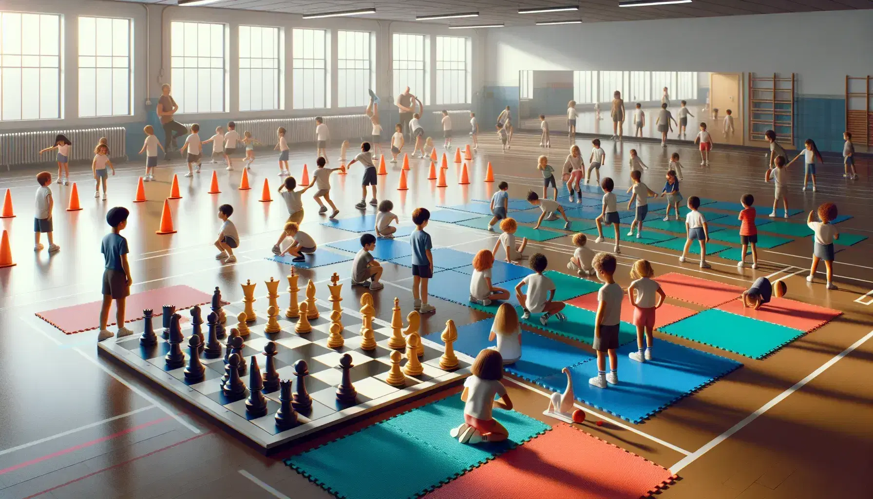 Niños de diversas edades y etnias interactúan en un gimnasio escolar con un ajedrez gigante y realizan ejercicios físicos en colchonetas de colores.